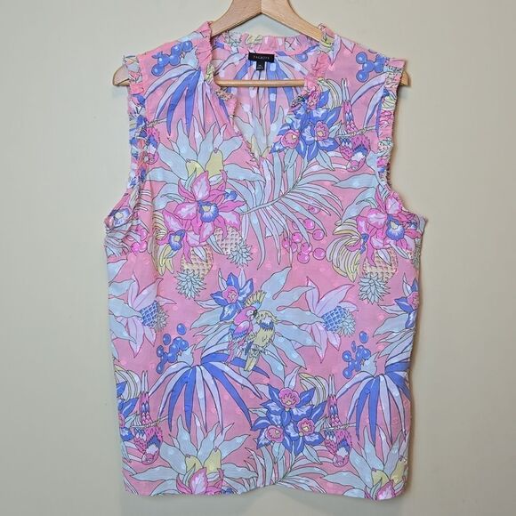 Talbots Tropical Print Tank Blouse Size XL Novelty Print Parrots Island Vacation - Picture 2 of 10